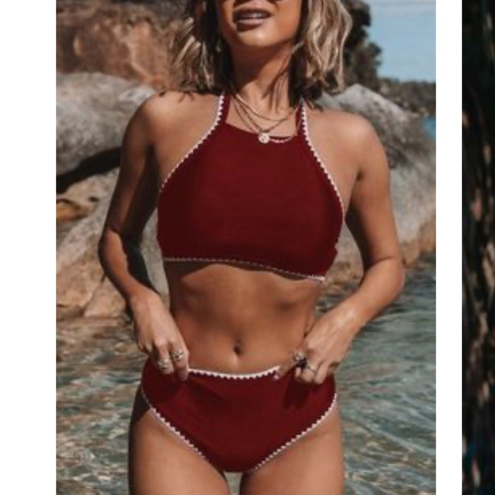 Wine Red Contrast Binding High Waist Halter Bikini Set